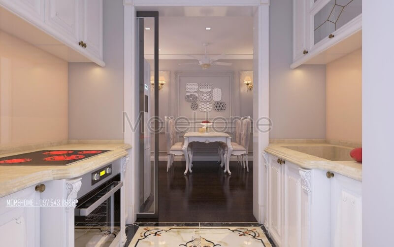 Nội thất phòng bếp chung cư được bố trí khoa học giúp cho người nội trợ dễ dàng hơn trong quá trình nấu nướng, di chuyển. Thiết kế phòng bếp đẹp và sang trọng