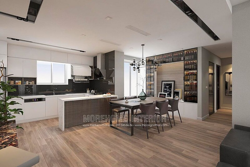 Thiết kế nội thất phòng bếp tiện nghi với hệ tủ bếp acrylic thông minh cùng bộ bàn ăn gỗ cao cấp cho căn hộ chung cư thêm sang trọng, đẳng cấp Thiết kế phòng bếp đẹp và sang trọng