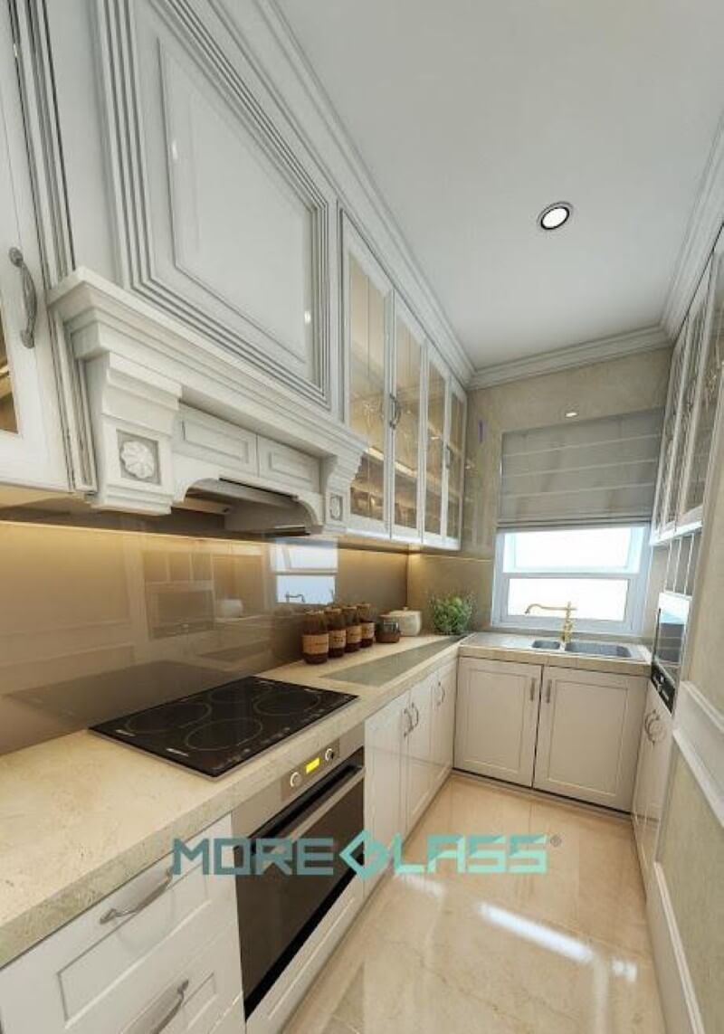 Thiết kế mẫu kính ốp bếp màu be đậm MG-020 đơn giản làm điểm nhấn cho gian bếp mang phong cách cổ điển. Thiết kế phòng bếp đẹp và sang trọng