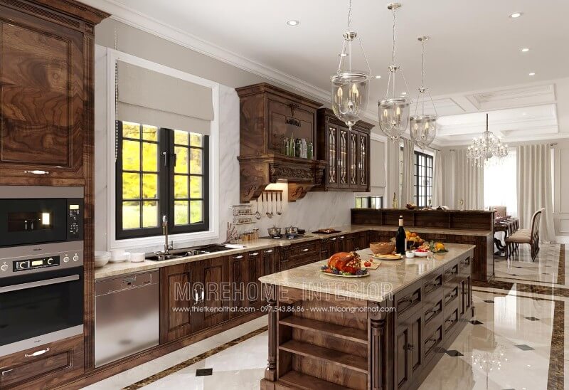 Tủ bếp đẹp bằng gỗ tự nhiên và gỗ công nghiệp