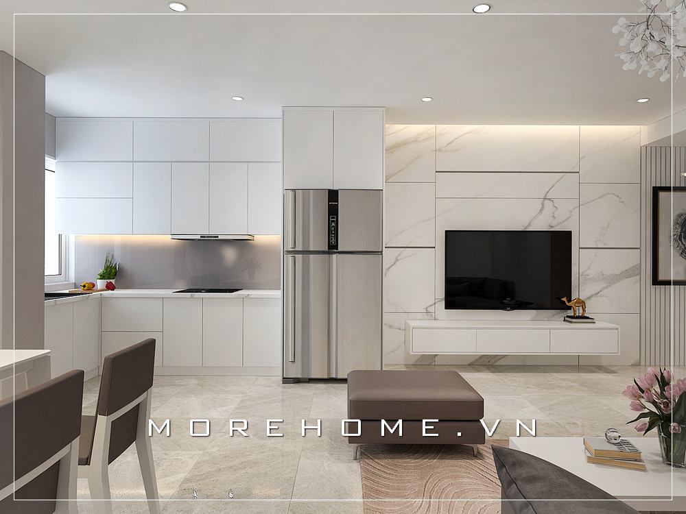 Mẫu tủ bếp gỗ công nghiệp màu trắng với thiết kế chữ L đơn giản, hiện đại cho căn bếp nhỏ tủ bếp hiện đại