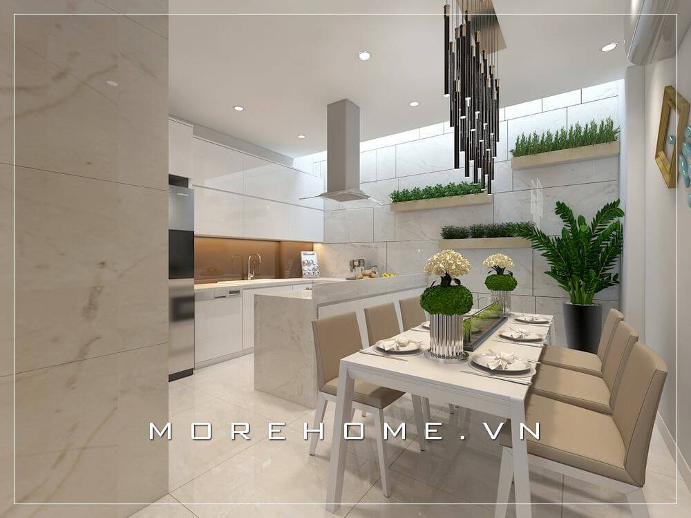 Mẫu tủ bếp gỗ công nghiệp hiện đại, màu trắng cho không gian phòng bếp nhà phố tủ bếp hiện đại