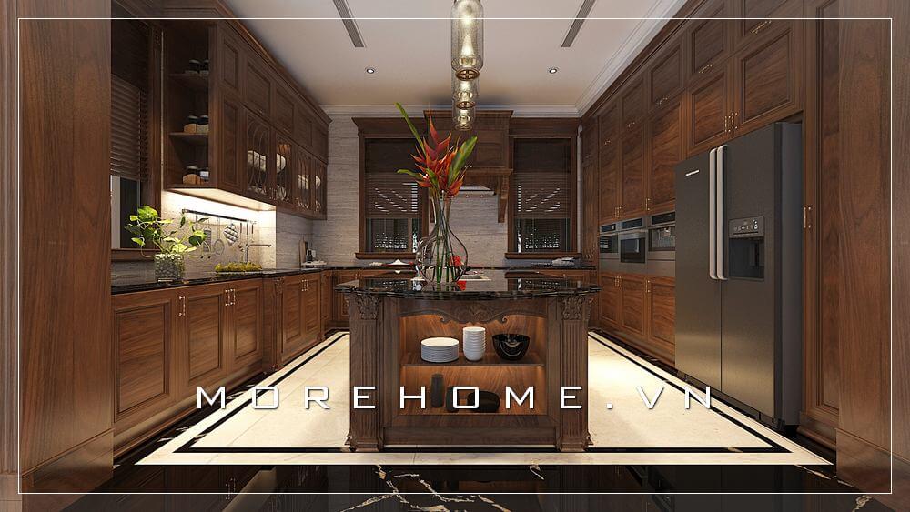 Mẫu tủ bếp gỗ tự nhiên màu nâu trầm, được thiết kế chữ U mang đến không gian phòng bếp tiện nghi và ấm cúng tủ bếp đẹp và ấn tượng