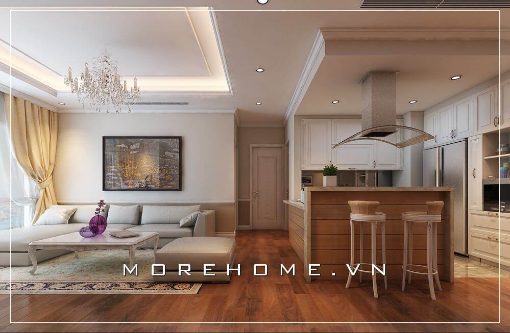 Mẩu tủ bếp gỗ tự nhiên chữ L sử dụng tone màu trắng kết hợp đường nét tinh tế trên thân tủ tạo cảm giác sang trọng cho không gian phòng bếp tủ bếp đẹp và ấn tượng