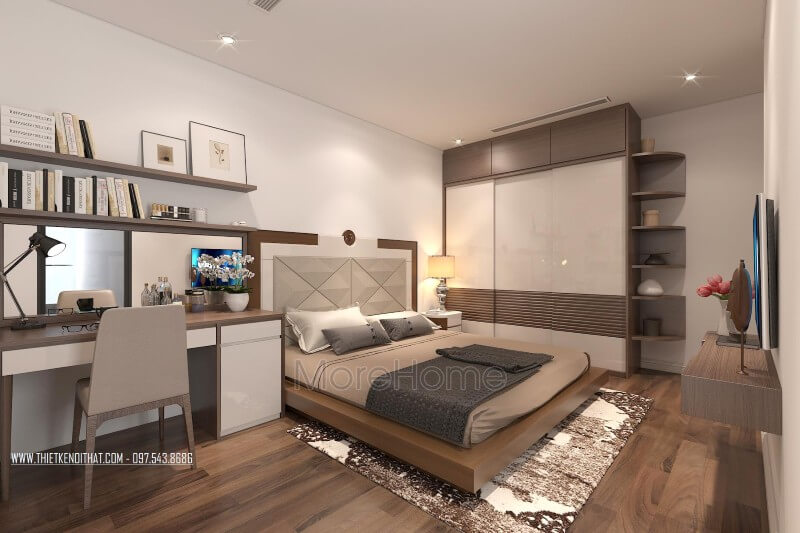 Không gian phòng ngủ tuy nhỏ nhưng với cách bố trí đồ nội thất tối giản của KTS Morehome đã giúp gia chủ có được không gian nghỉ ngơi đầy công năng. Mẫu nội thất chung cư