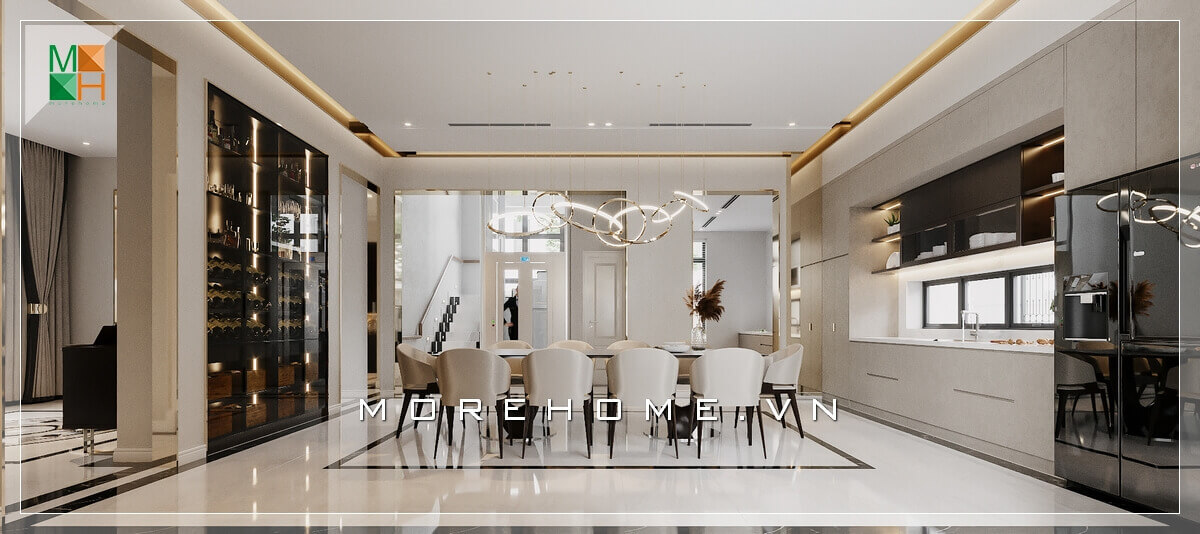 Mẫu thiết kế tủ bếp chữ I bằng gỗ công nghiệp acrylic trắng cao cấp Thiết kế tủ bếp biệt thự sang trọng