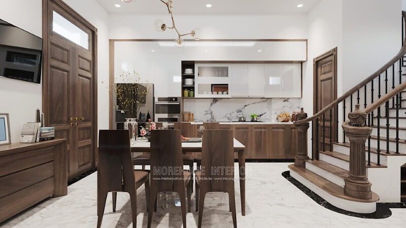 Tủ bếp dưới được thiết kế thi công và sản xuất từ chất liệu gỗ óc chó hiện đại, tinh tế mà đẹp. Mẫu tủ bếp gỗ đẹp trẻ trung, cao cấp