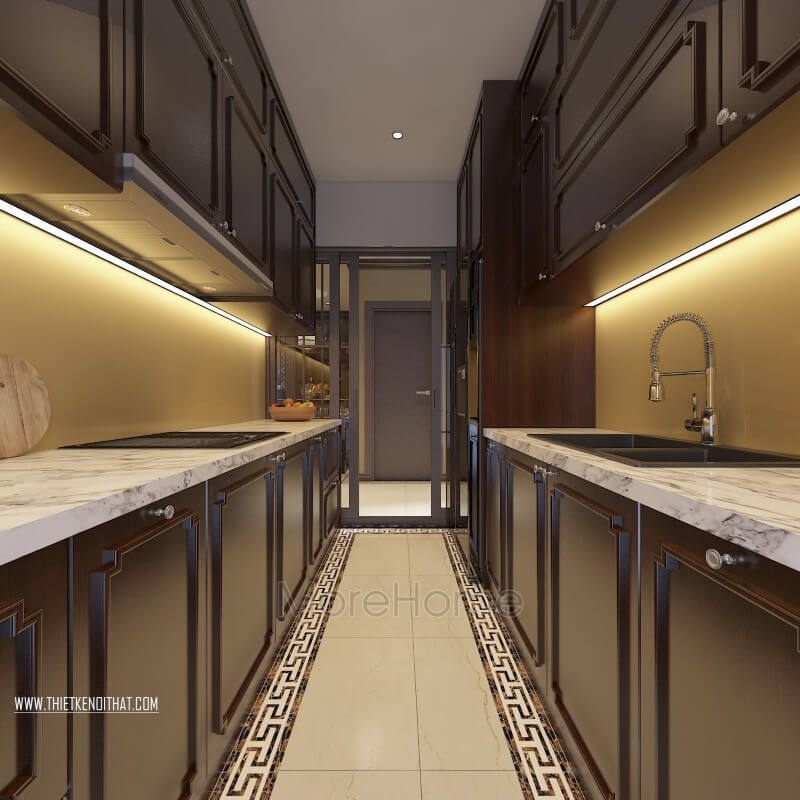 Tủ bếp gỗ việt của gia chủ được thiết kế theo hình chữ I phân chia làm hai khu vực song song nhau với công năng sử dụng khác nhau. Mẫu tủ bếp gỗ đẹp trẻ trung, cao cấp