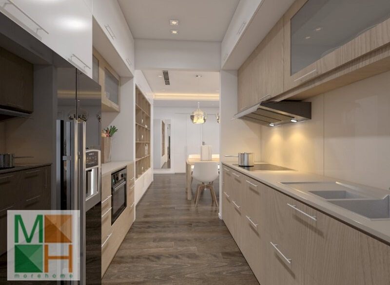 Với diện tích căn bếp nhỏ không còn là nỗi lo nếu chúng ta biết cách bố trí nội thất hợp lí và sử dụng hệ tủ bếp đa chức năng sát tường giúp tiết kiệm diện tích không gian Mẫu tủ bếp gỗ đẹp trẻ trung, cao cấp