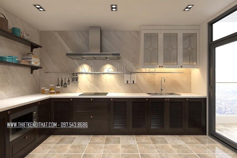 Phòng bếp đa năng với hệ tủ gỗ tự nhiên màu nâu đậm và tủ gỗ công nghiệp màu trắng thiết kế hiện đại, phù hợp không gian Mẫu tủ bếp gỗ đẹp trẻ trung, cao cấp