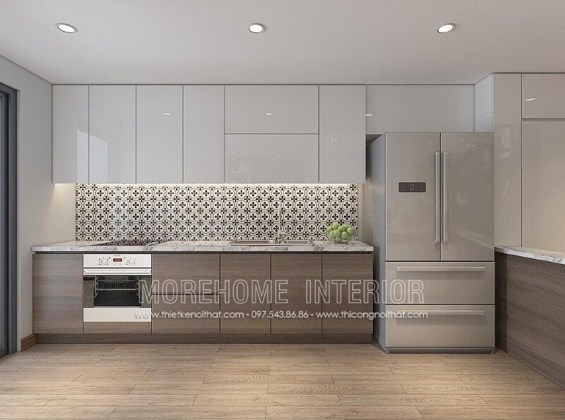 Mẫu tủ bếp chung cư lạ mắt, phần mặt tường được ốp gạch hoa văn tạo điểm nhấn ấn tượng cho cả căn phòng Mẫu tủ bếp gỗ đẹp trẻ trung, cao cấp