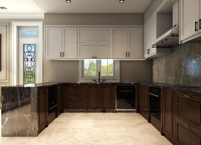 Sự dụng linh hoạt các vật liệu nhẹ, dễ lau chùi như đá, gỗ tự nhiên,… giúp tạo điểm nhấn không chỉ về tính thẩm mỹ và còn bởi sự tinh tế và tỉ mỉ trong thiết kế tủ bếp biệt thự Mẫu tủ bếp gỗ đẹp trẻ trung, cao cấp