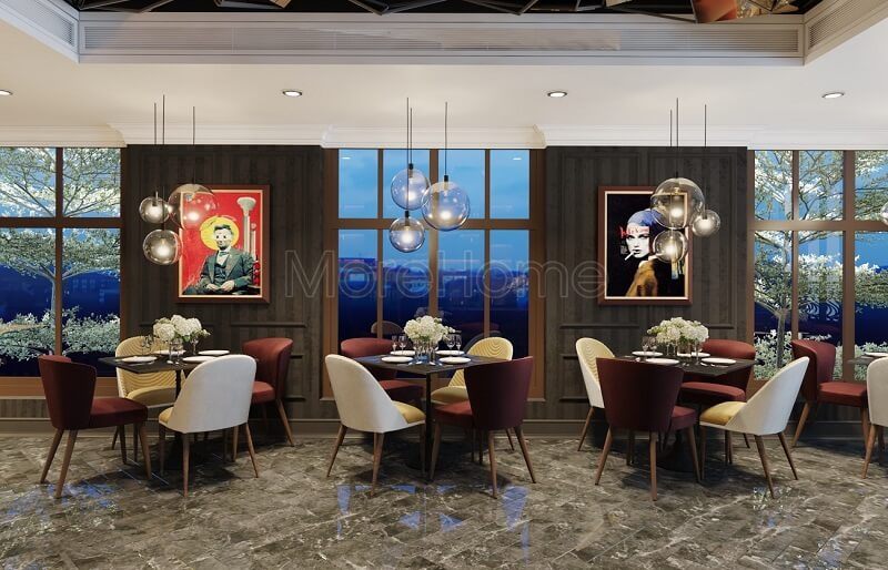 Trang trí nhà hàng với đồ nội thất cao cấp: bàn ghế tân cổ điển, đèn trang trí kết hợp giấy dán tường, tranh treo tường tạo nên một không gian sang trọng, đẳng cấp