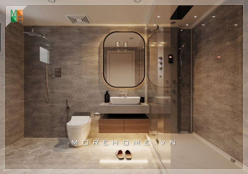 Mẫu thiết kế nhà tắm ốp đá nhân tạo cao cấp giúp để tạo nên một không gian thư giãn và sang trọng cho gia chủ.