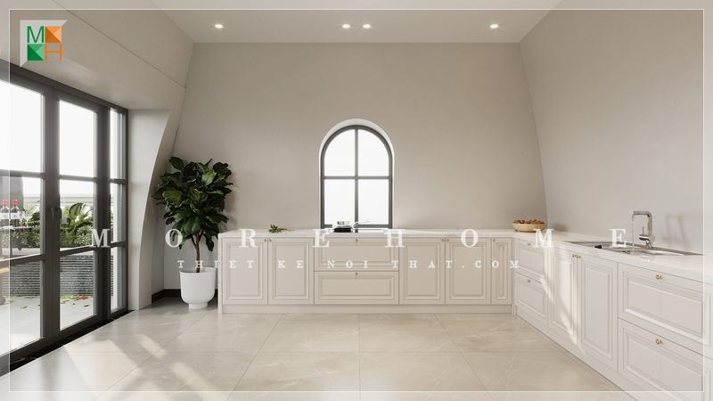 Vẻ ngoài sáng bóng của đá ốp bàn bếp màu trắng giúp tạo nên cảm giác thoáng mát, sạch sẽ khi bước vào căn phòng.